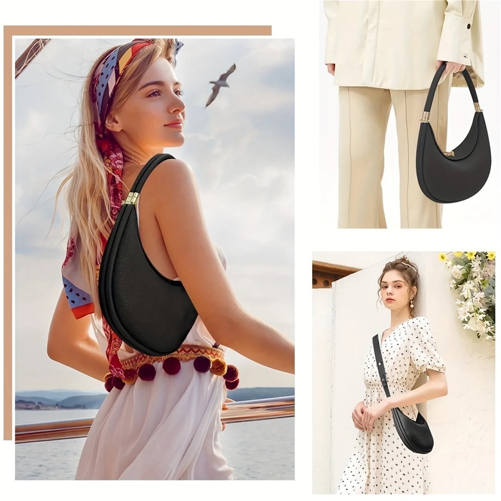 Black Leather Bag Hobo Purse Handbag Crescent bag 4 in 1 style Trendy Fashion - Picture 8 of 10